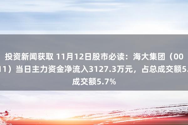 投资新闻获取 11月12日股市必读：海大集团（002311）当日主力资金净流入3127.3万元，占总成交额5.7%